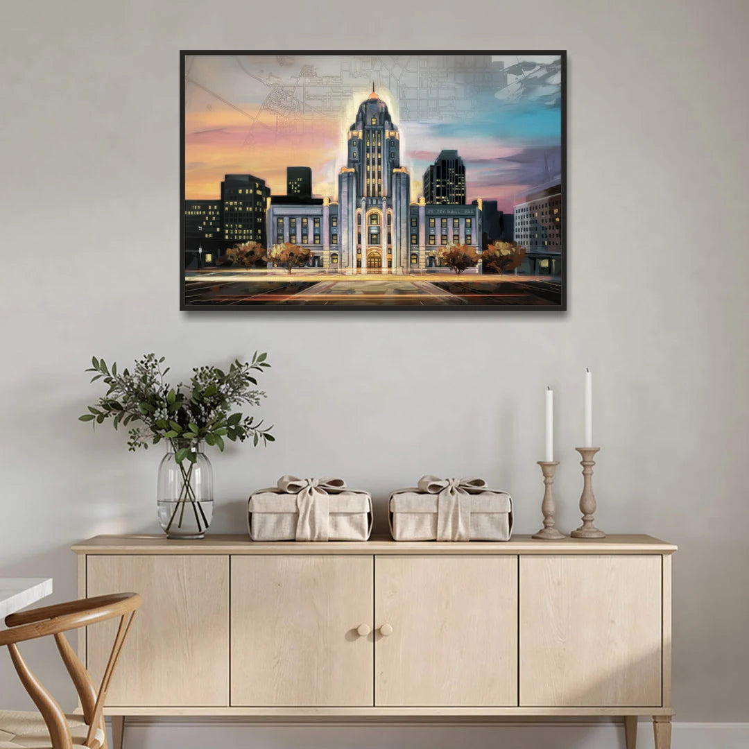 Buffalo City Hall Iconic View - Black Framed Canvas Wall Art - Coffee Table - 48x32