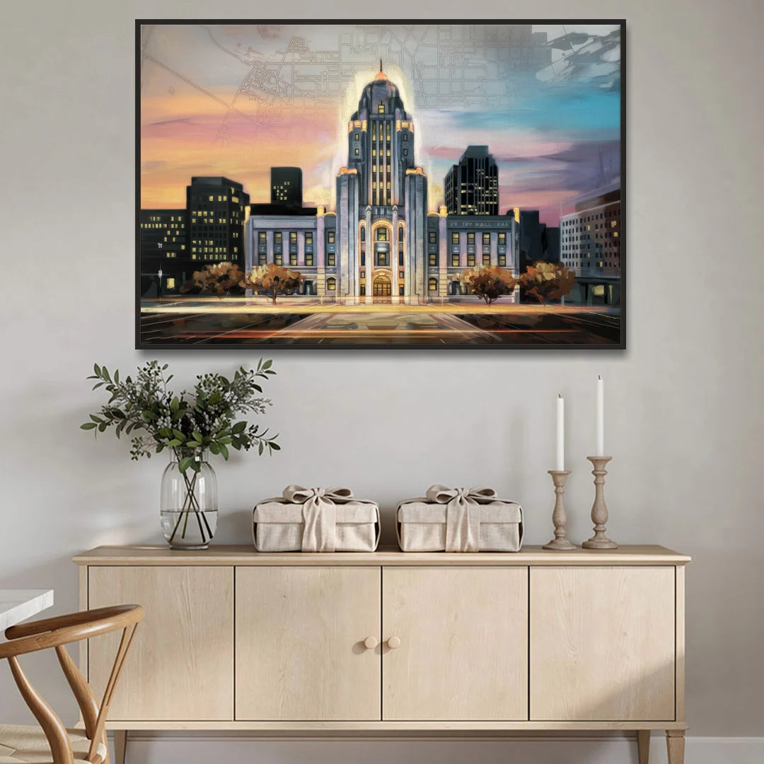 Buffalo City Hall Iconic View - Black Framed Canvas Wall Art - Coffee Table - 60x40