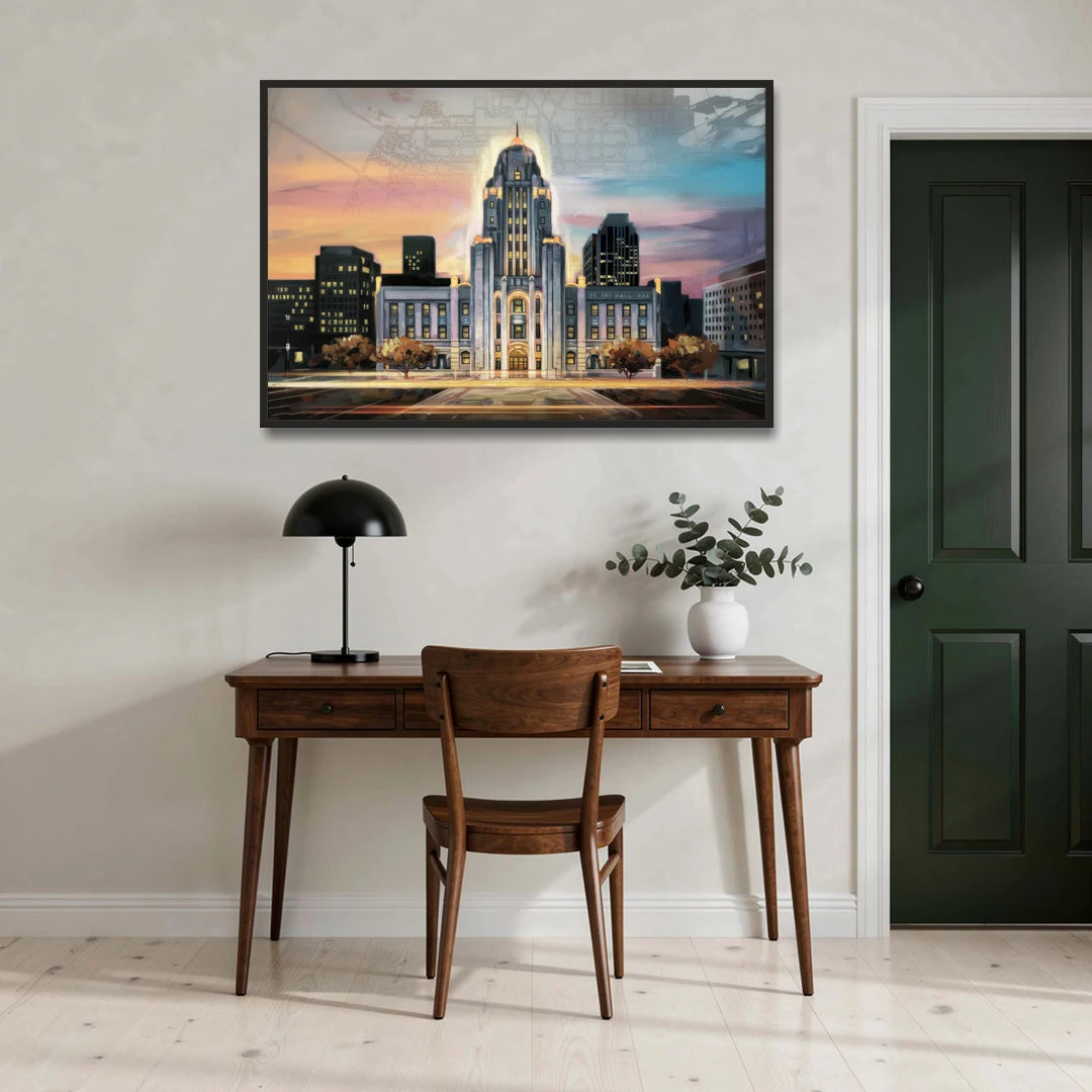Buffalo City Hall Iconic View - Black Framed Canvas Wall Art - Office - 48x32