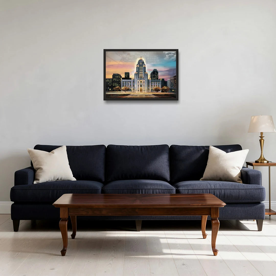 Buffalo City Hall Iconic View - Black Framed Canvas Wall Art - Sofa - 24x16