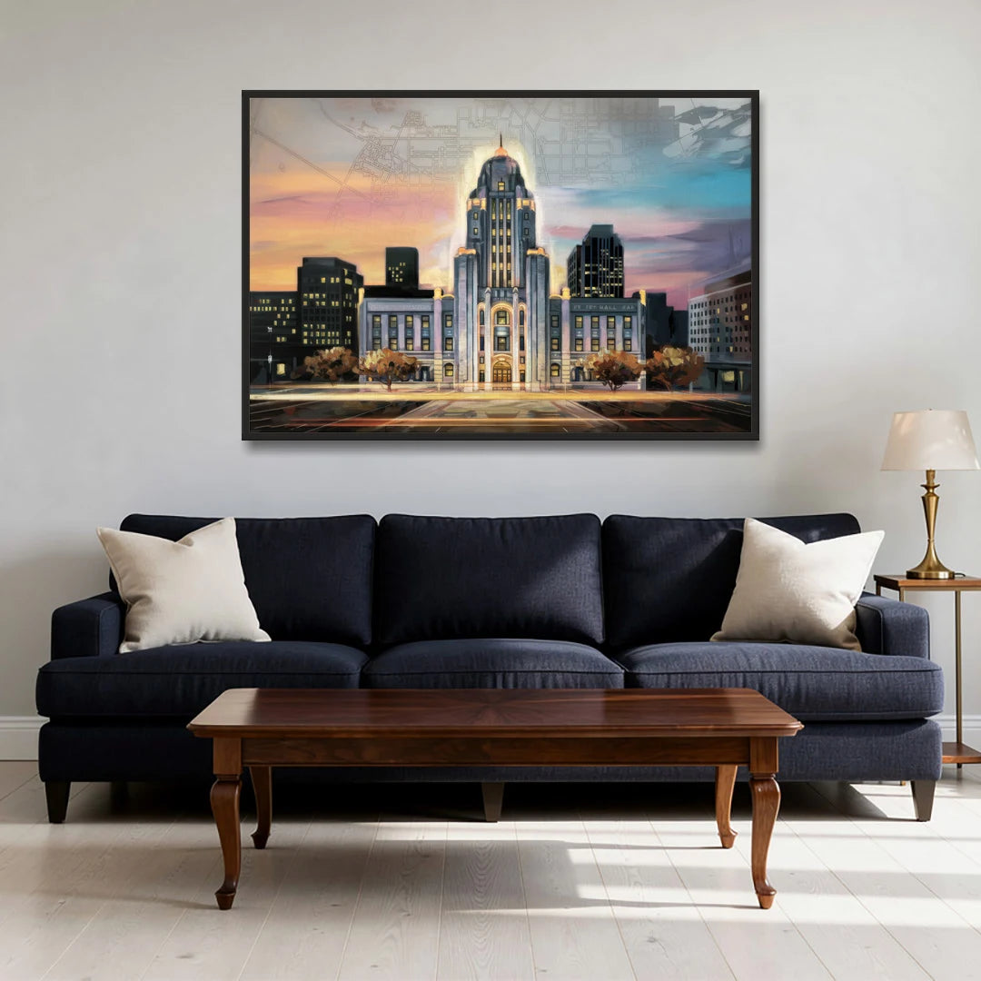 Buffalo City Hall Iconic View - Black Framed Canvas Wall Art - Sofa - 48x32