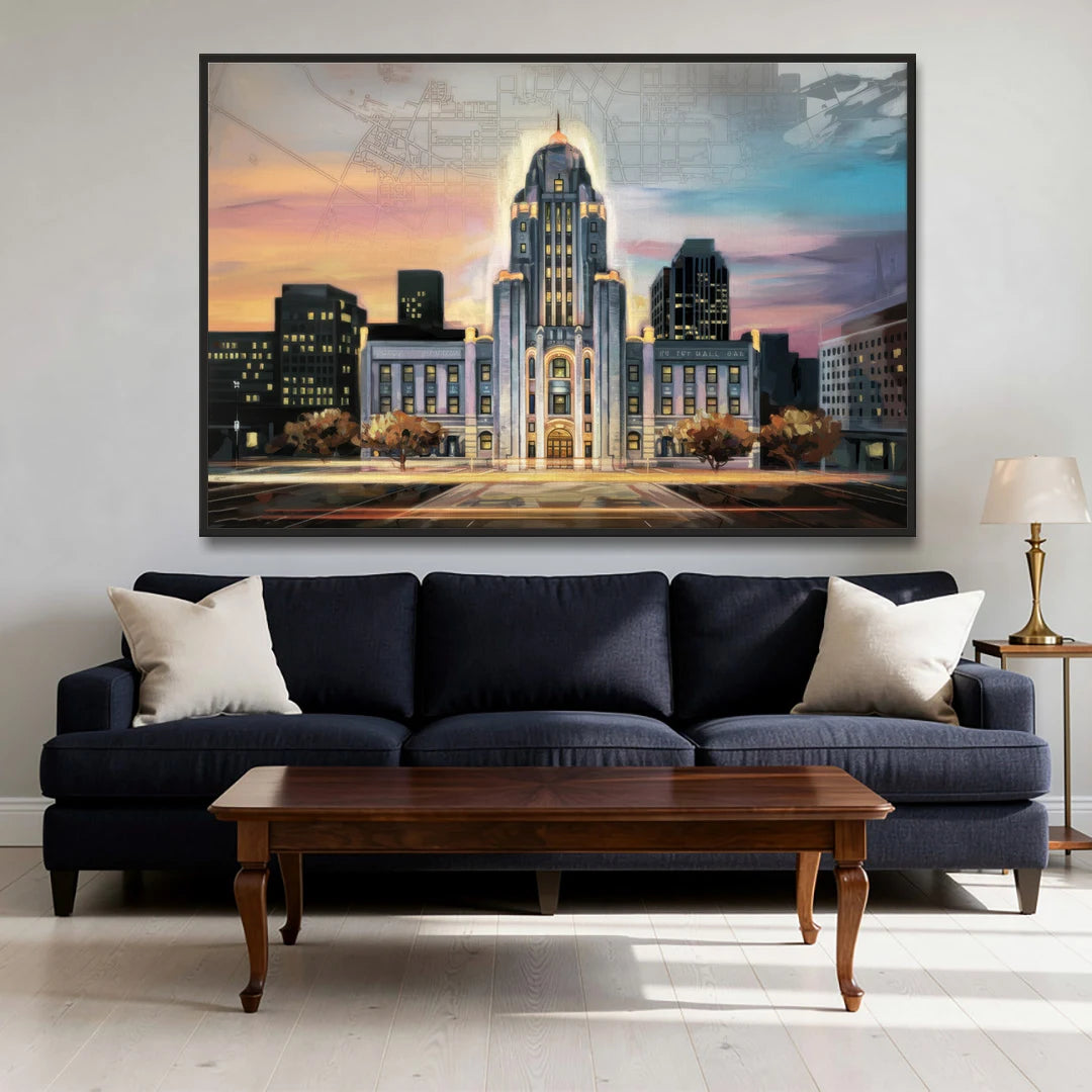 Buffalo City Hall Iconic View - Black Framed Canvas Wall Art - Sofa - 60x40