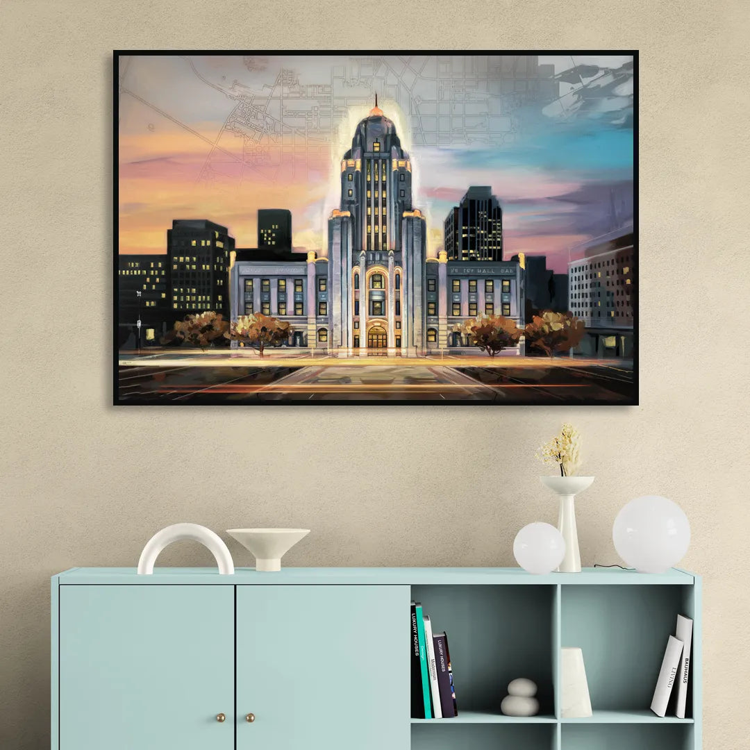 Buffalo City Hall Iconic View Living Room - Black Canvas Wall Art