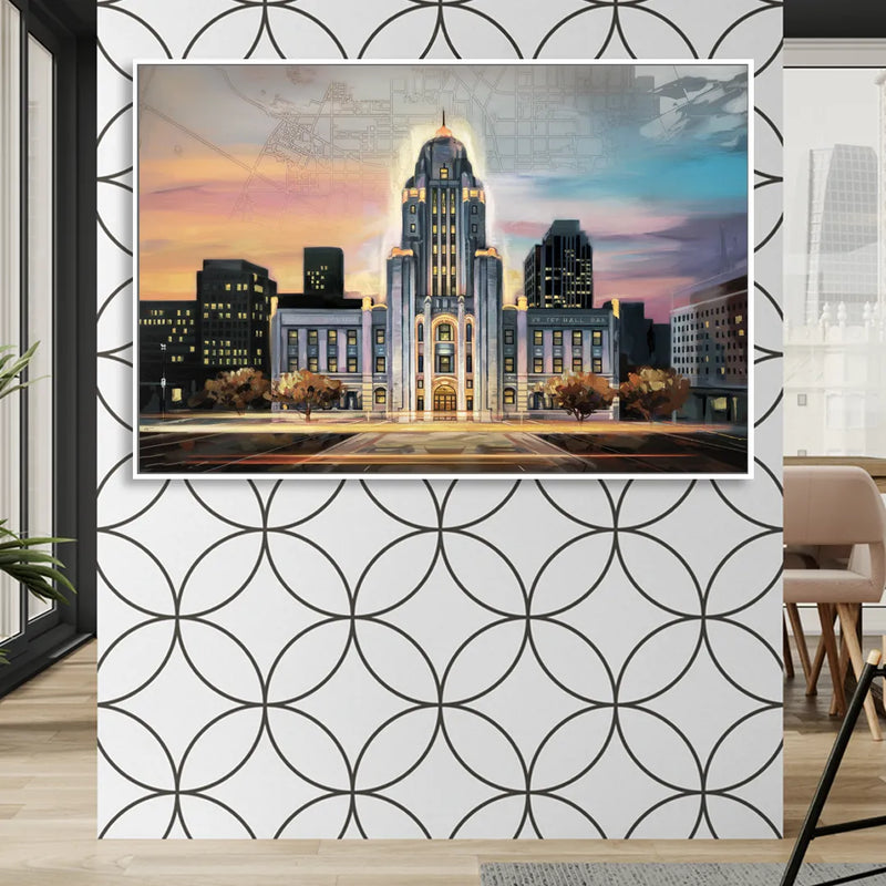Buffalo City Hall Iconic View Living Room - White Canvas Wall Art