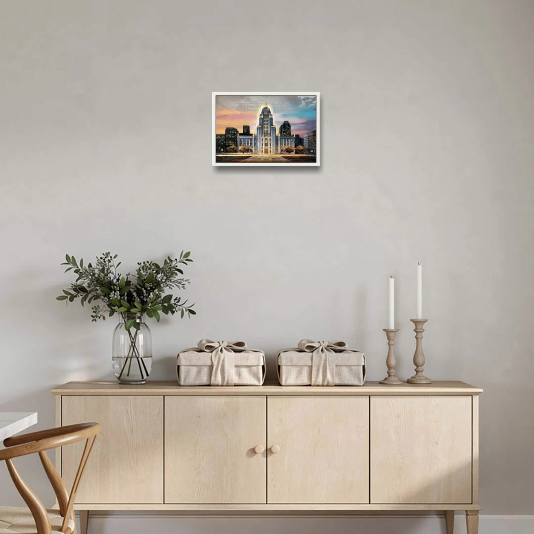 Buffalo City Hall Iconic View - White Framed Canvas Wall Art - Coffee Table - 18x12