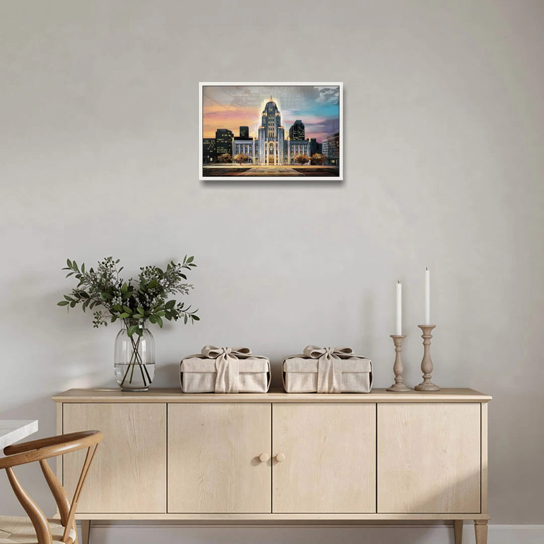 Buffalo City Hall Iconic View - White Framed Canvas Wall Art - Coffee Table - 24x16