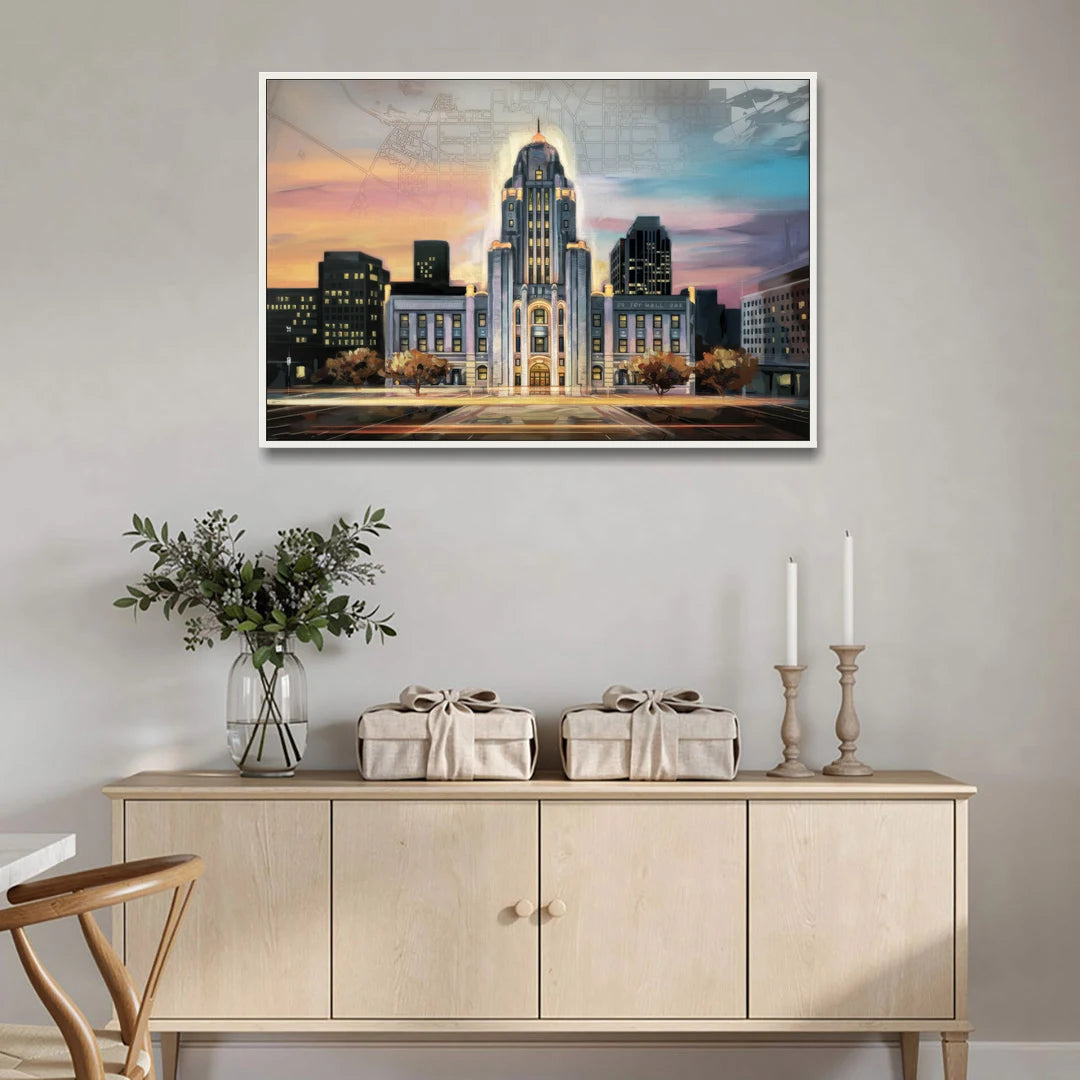 Buffalo City Hall Iconic View - White Framed Canvas Wall Art - Coffee Table - 48x32