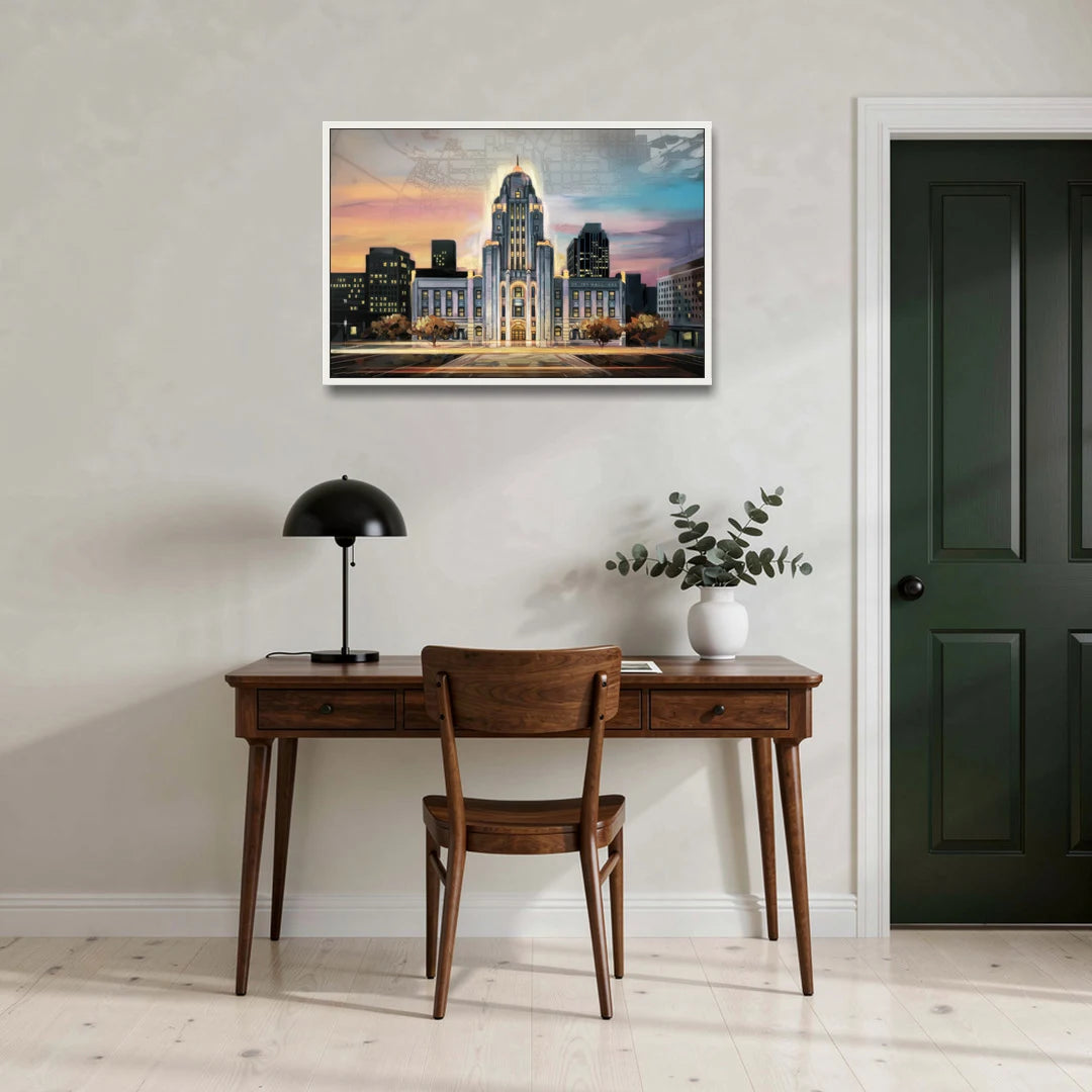 Buffalo City Hall Iconic View - White Framed Canvas Wall Art - Office - 36x24