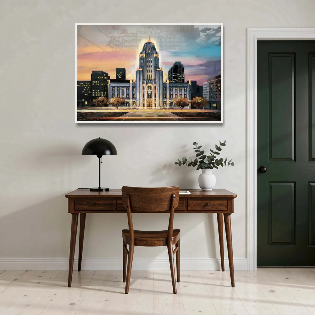 Buffalo City Hall Iconic View - White Framed Canvas Wall Art - Office - 48x32