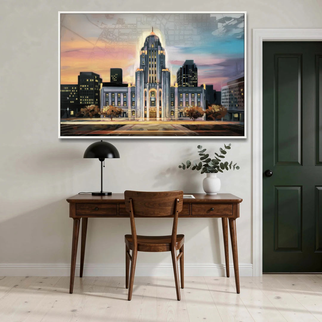 Buffalo City Hall Iconic View - White Framed Canvas Wall Art - Office - 60x40