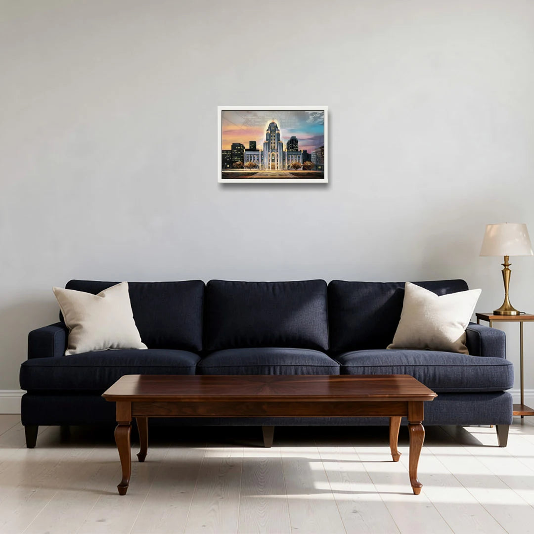 Buffalo City Hall Iconic View - White Framed Canvas Wall Art - Sofa - 18x12