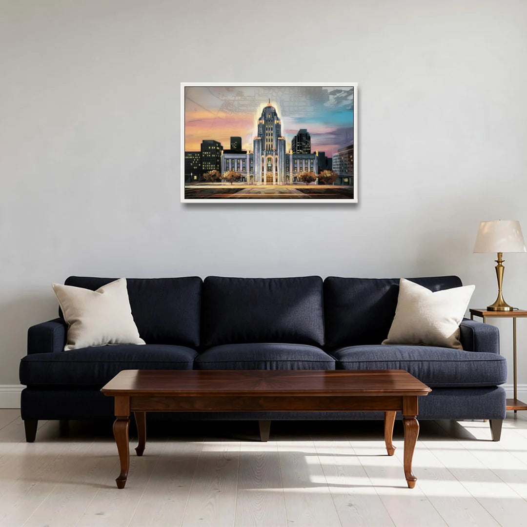Buffalo City Hall Iconic View - White Framed Canvas Wall Art - Sofa - 30x20