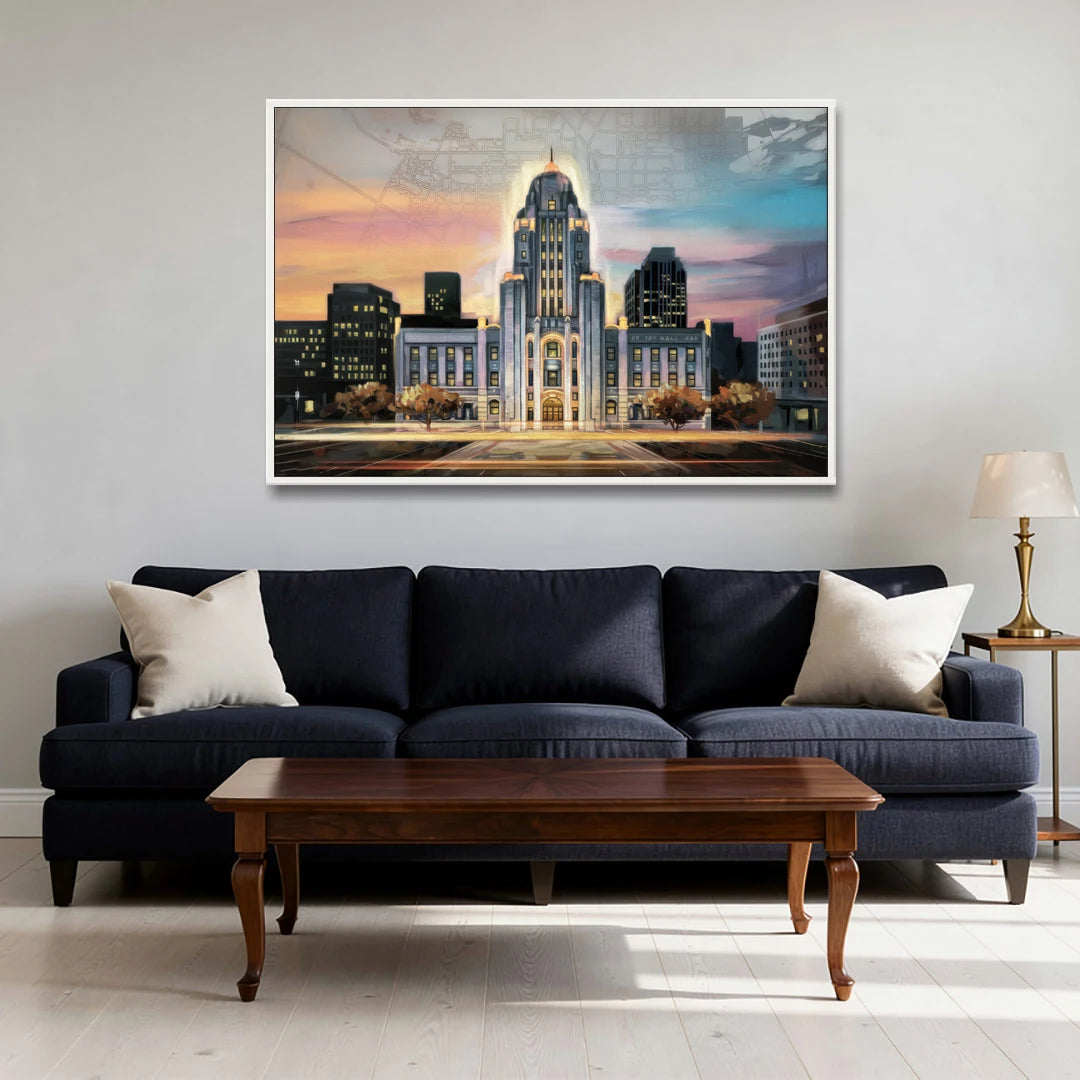 Buffalo City Hall Iconic View - White Framed Canvas Wall Art - Sofa - 48x32