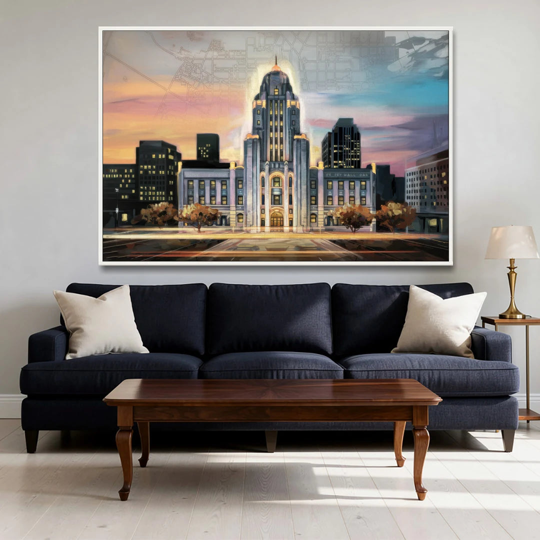 Buffalo City Hall Iconic View - White Framed Canvas Wall Art - Sofa - 60x40
