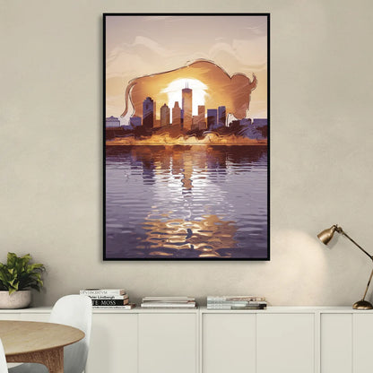 Buffalo Cityscape Reflection Living Room - Black Canvas Wall Art