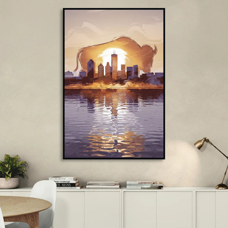Buffalo Cityscape Reflection Living Room - Black Canvas Wall Art