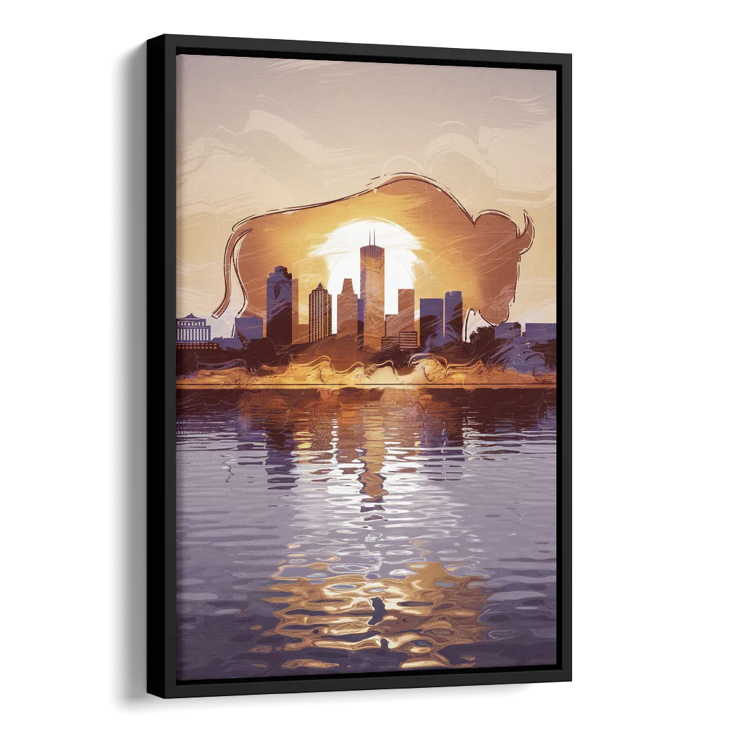 Buffalo Cityscape Reflection Side - Black Canvas Wall Art
