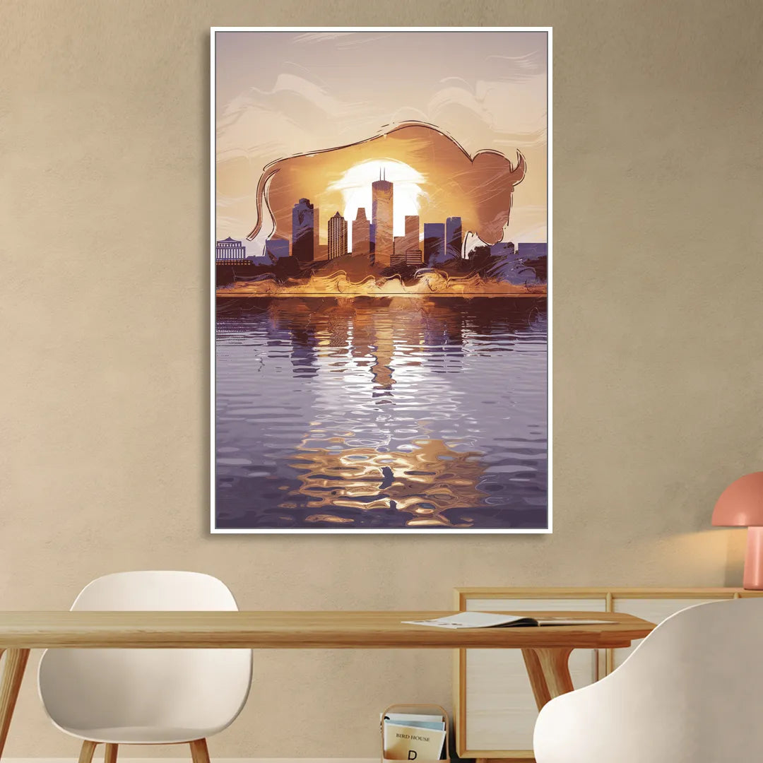 Buffalo Cityscape Reflection Sitting Room - White Canvas Wall Art