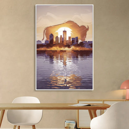 Buffalo Cityscape Reflection Sitting Room - White Canvas Wall Art