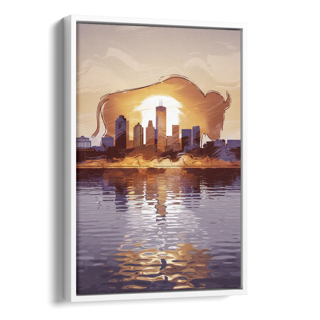 Buffalo Cityscape Reflection Side - White Canvas Wall Art