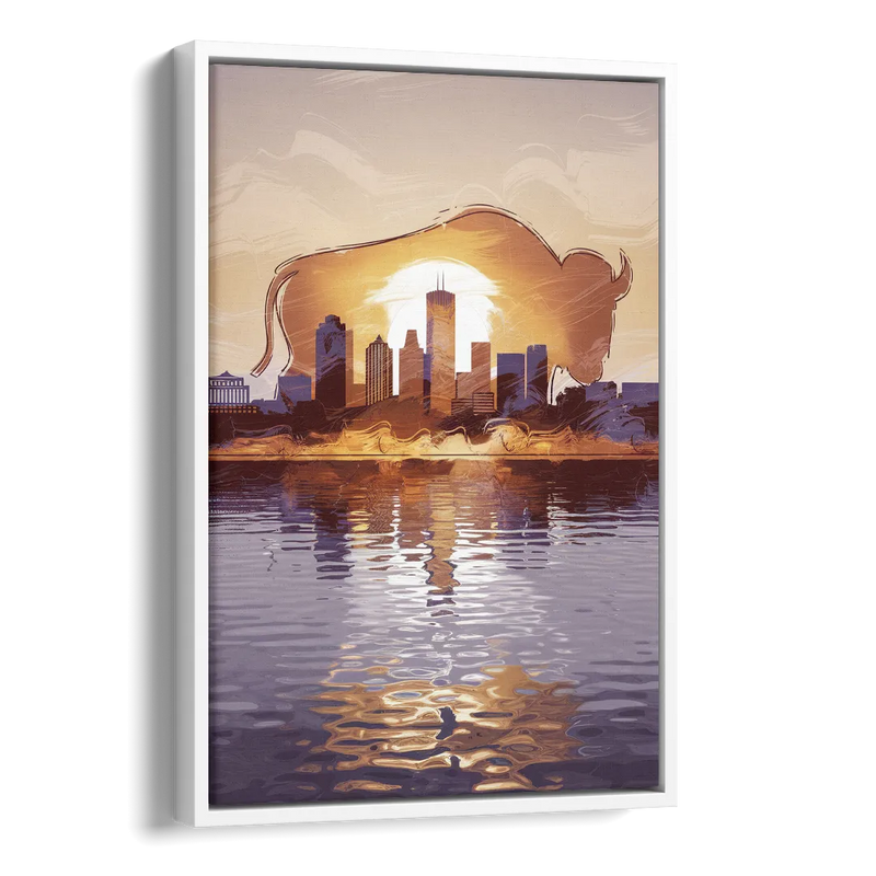 Buffalo Cityscape Reflection Side - White Canvas Wall Art