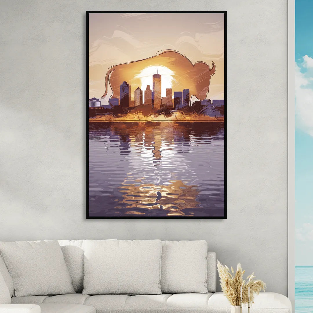 Buffalo Cityscape Reflection Sitting Room - Black Canvas Wall Art