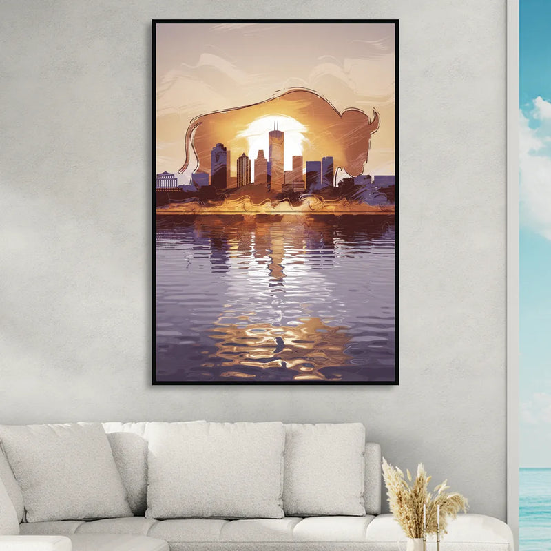 Buffalo Cityscape Reflection Sitting Room - Black Canvas Wall Art