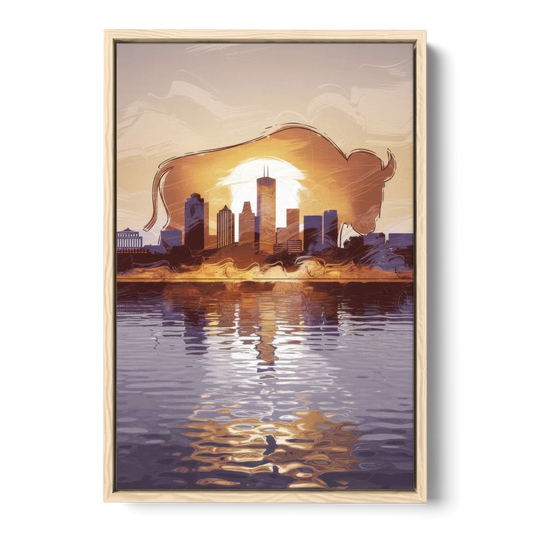 Buffalo Cityscape Reflection - Oak Framed Canvas Wall Art - Front