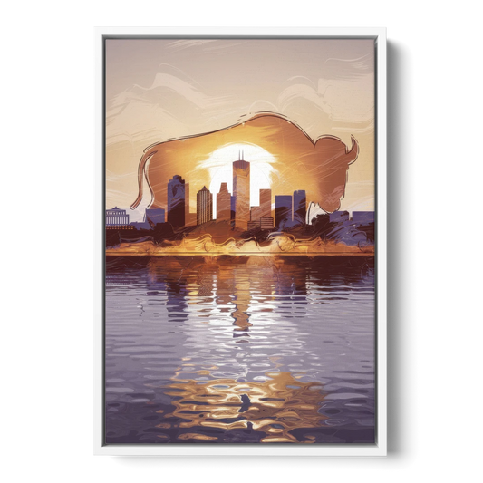 Buffalo Cityscape Reflection - White Framed Canvas Wall Art - Front