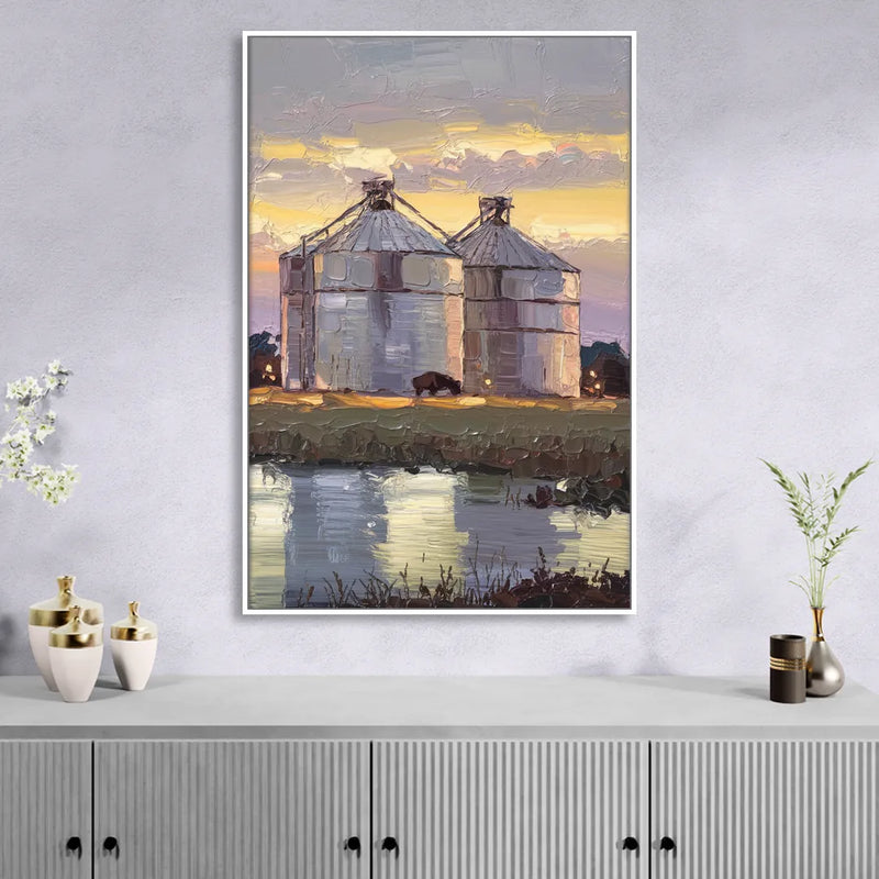 Buffalo Grain Silos at Dusk Sitting Room - White Canvas Wall Art
