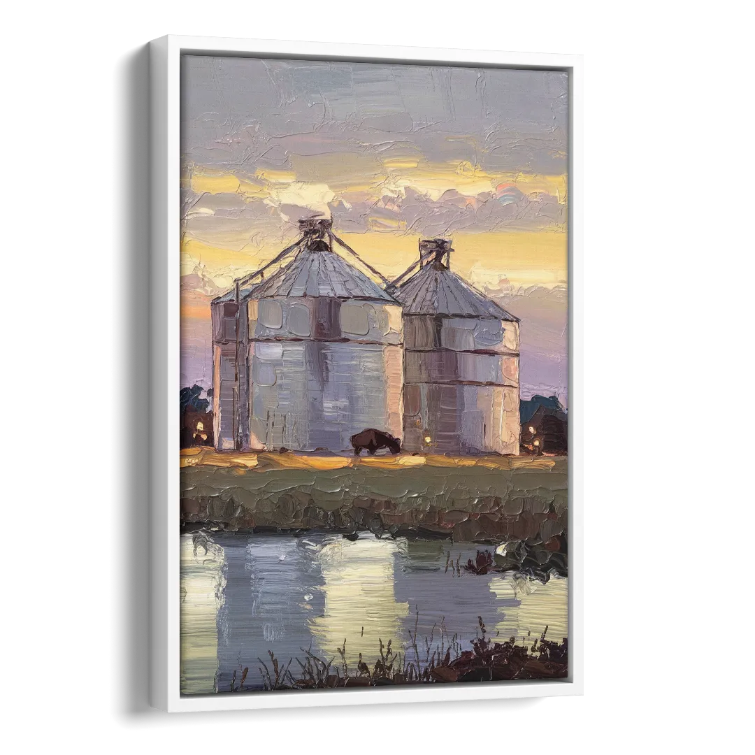 Buffalo Grain Silos at Dusk Side - White Canvas Wall Art