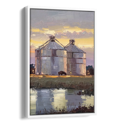 Buffalo Grain Silos at Dusk Side - White Canvas Wall Art