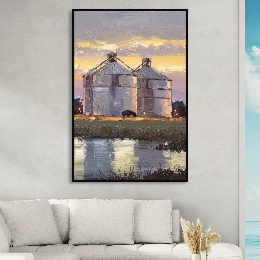 Buffalo Grain Silos at Dusk Living Room - Black Canvas Wall Art