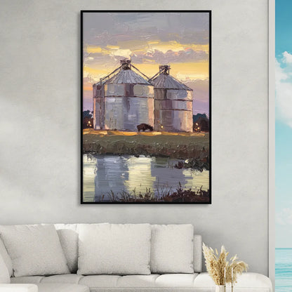 Buffalo Grain Silos at Dusk Living Room - Black Canvas Wall Art