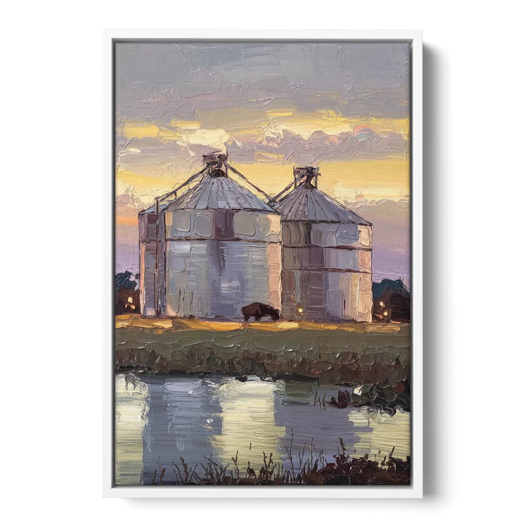 Buffalo Grain Silos at Dusk Front - White Canvas Wall Art