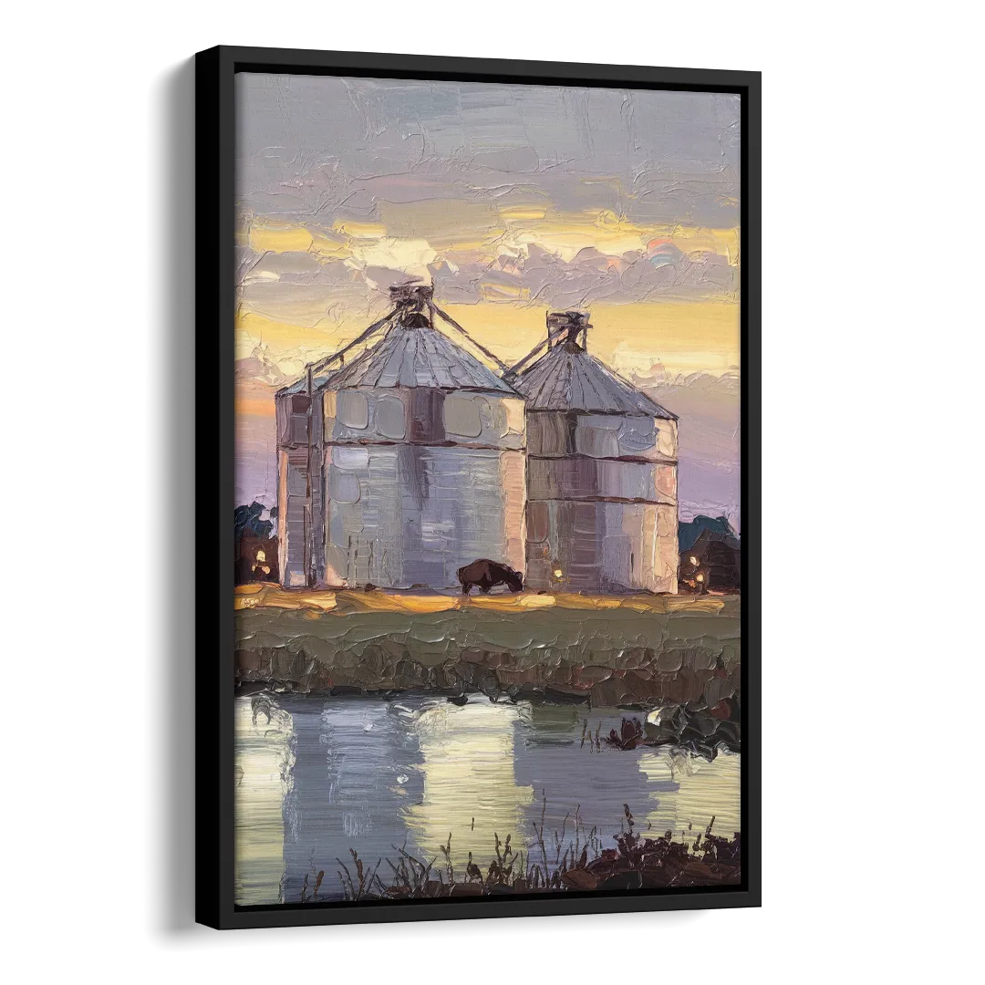 Buffalo Grain Silos at Dusk Side - Black Canvas Wall Art