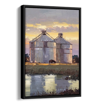 Buffalo Grain Silos at Dusk Side - Black Canvas Wall Art
