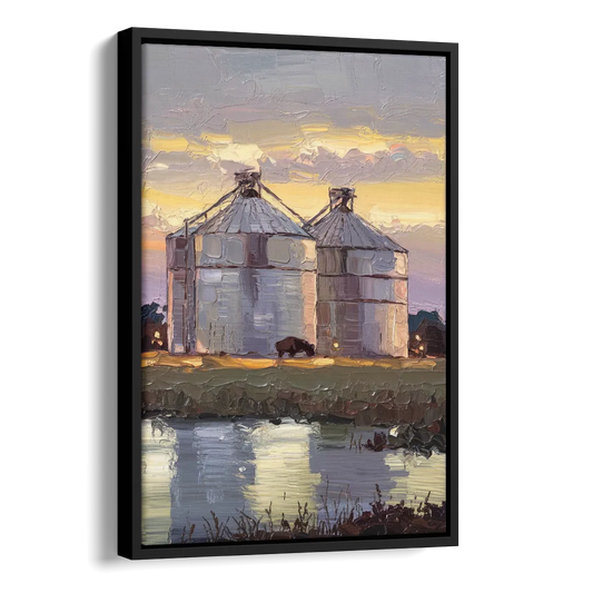 Buffalo Grain Silos at Dusk Side - Black Canvas Wall Art