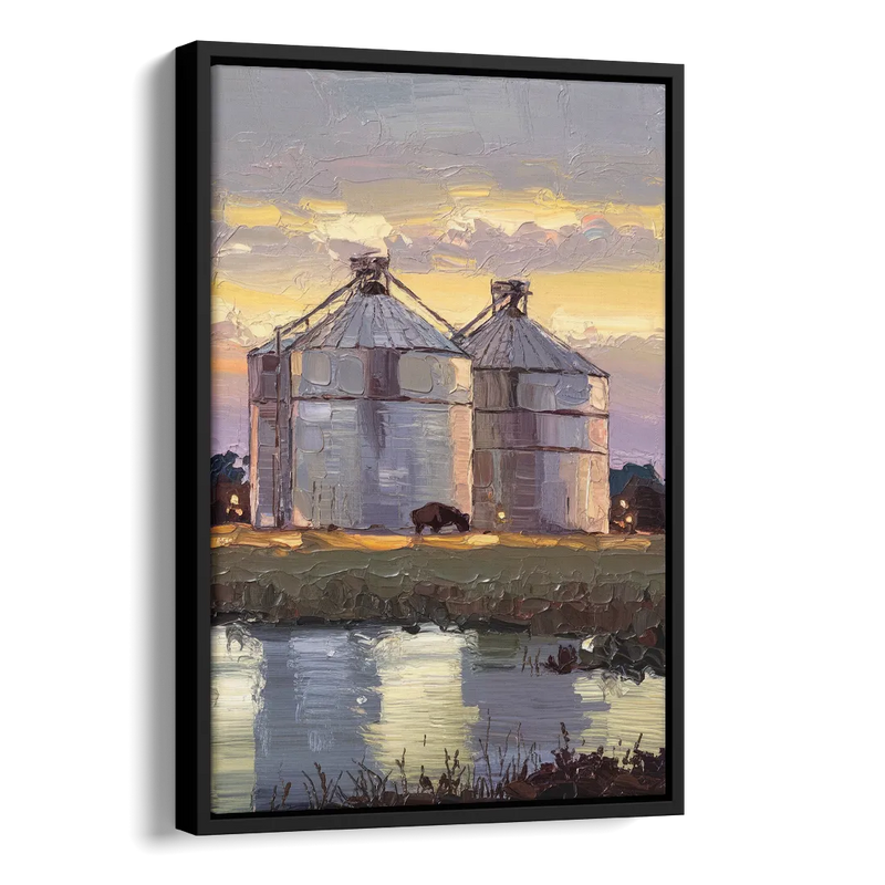 Buffalo Grain Silos at Dusk Side - Black Canvas Wall Art
