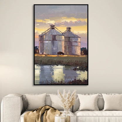 Buffalo Grain Silos at Dusk Sitting Room - Black Canvas Wall Art