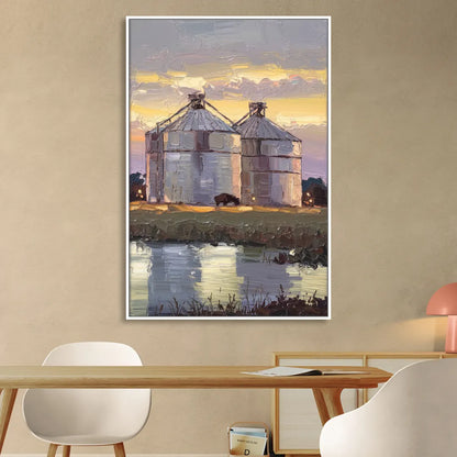 Buffalo Grain Silos at Dusk Living Room - White Canvas Wall Art