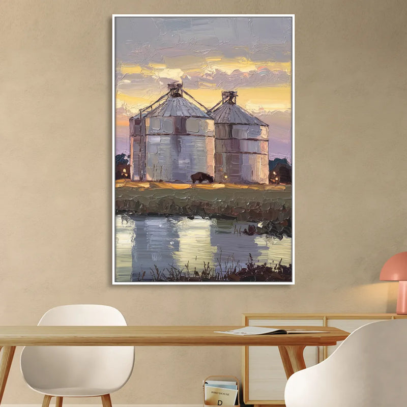 Buffalo Grain Silos at Dusk Living Room - White Canvas Wall Art