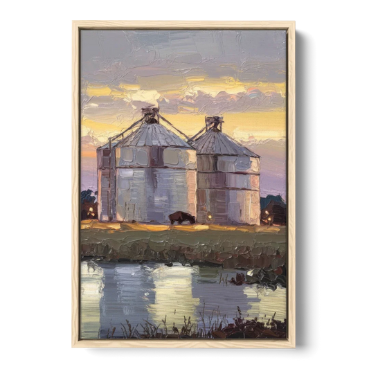 Buffalo Grain Silos at Dusk - Oak Framed Canvas Wall Art - Front