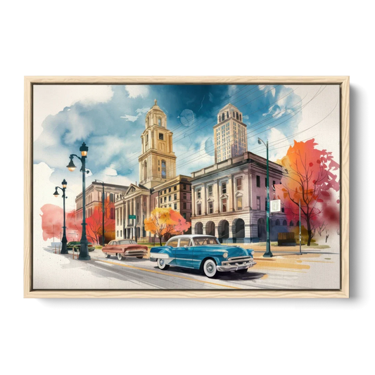 Buffalo Historic Downtown - Oak Framed Canvas Wall Art - Front