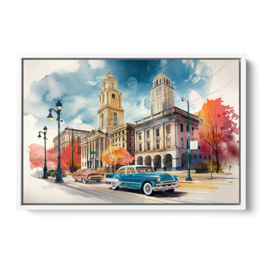 Buffalo Historic Downtown - White Framed Canvas Wall Art - Front