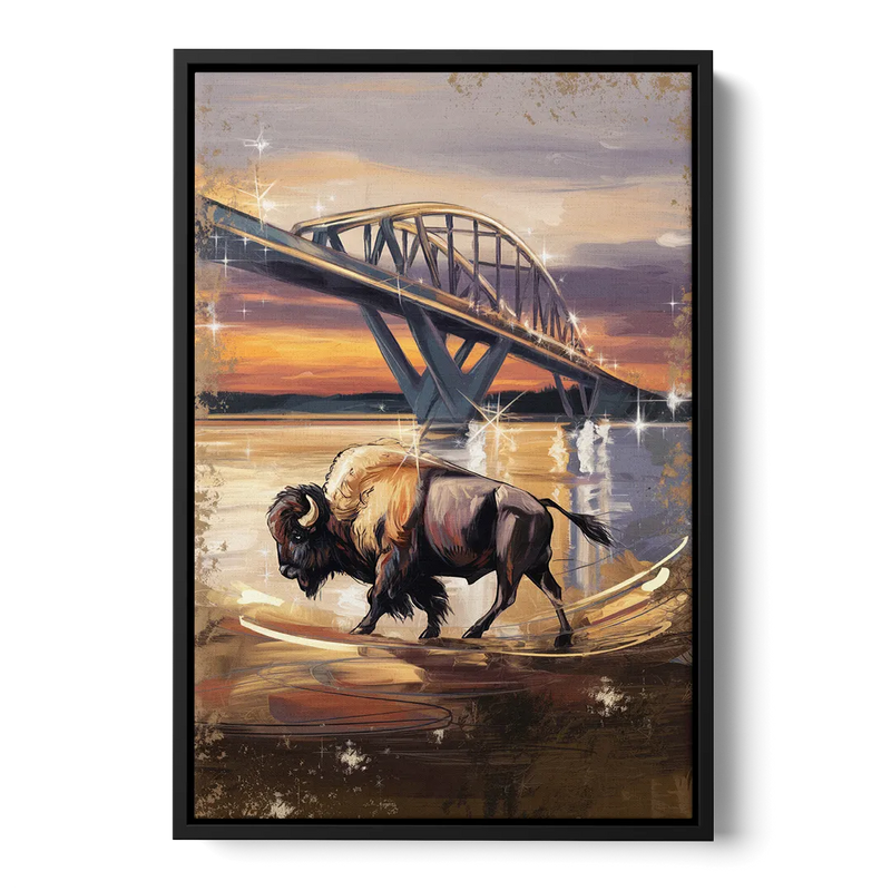 Buffalo Peace Bridge Glow Front - Black Canvas Wall Art