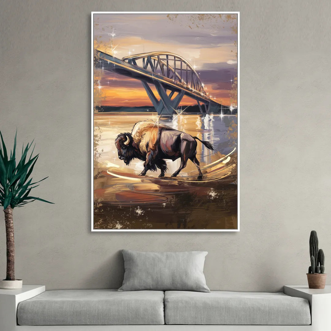 Buffalo Peace Bridge Glow Living Room - White Canvas Wall Art