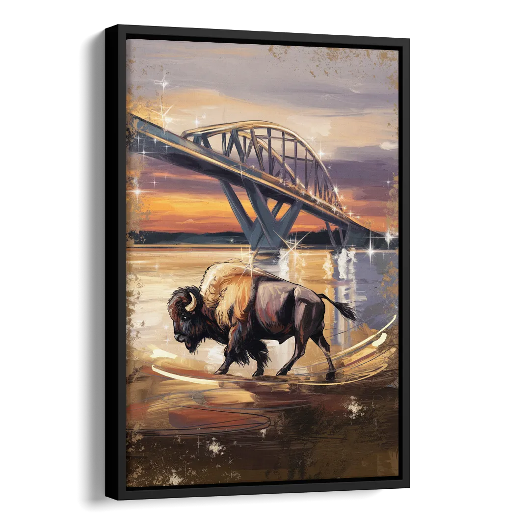 Buffalo Peace Bridge Glow Side - Black Canvas Wall Art