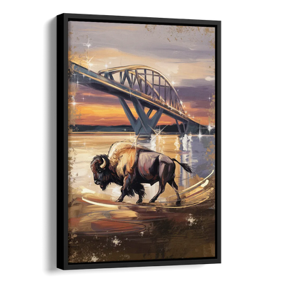Buffalo Peace Bridge Glow Side - Black Canvas Wall Art