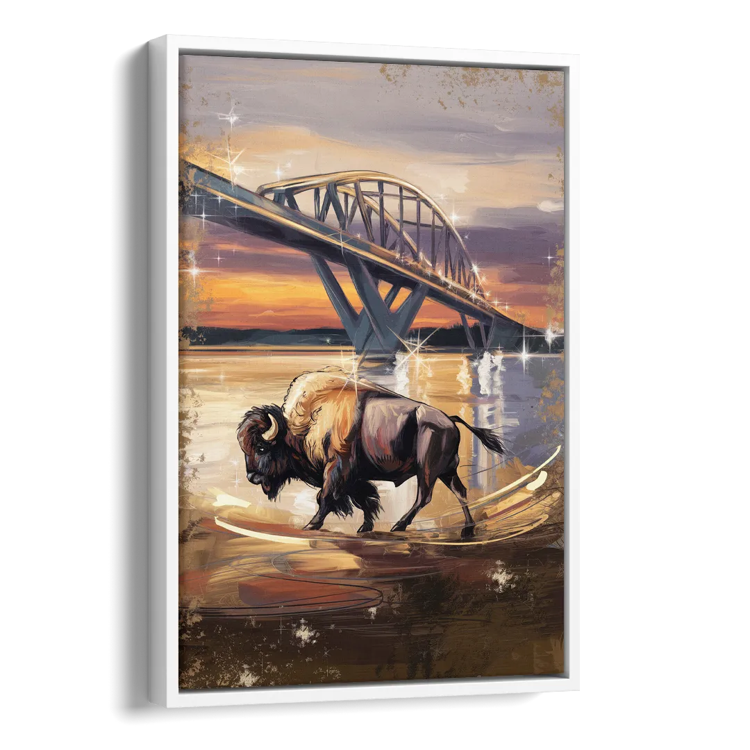 Buffalo Peace Bridge Glow Side - White Canvas Wall Art
